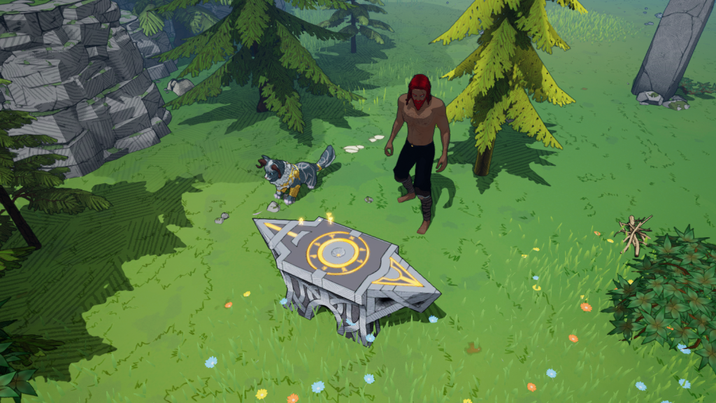 Screenshot of Tribe of Midgard, a Viking with red hair and a masculine body looks at the Allforge, which is a giant silver anvil with yellow circles and runes on it. A great pet cat is by the Viking's side.