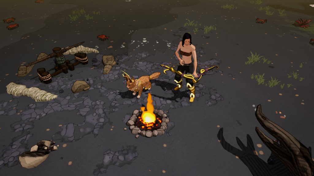 A viking with a feminine body type black hair, black pants, and a brown top holds a bow on the Ashen Beach. The beach has black sand and grey rocks, with some grass sprouting up and many crabs. There is a bonfire in front of the Viking. A gold cat is by the Viking's side.