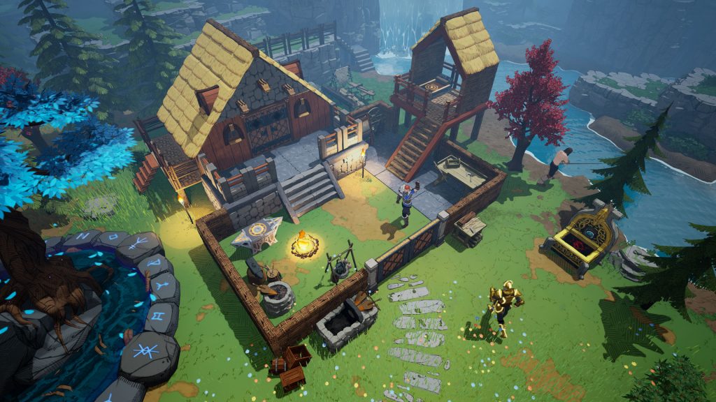 A double storied house has been built next to the Seed of Yggdrasil, a glowing blue tree with runes surrounding it. The House has a stone base and stairs to the second level. A wooden fence creates a front year that has various crafting stations and the Allforge, a silver anvil. There is a small additional house to the right with a bed. Both houses are made of stone with yellow roofs. A Viking in gold armor is running up to the fence gate. The house has been built next to a waterfall and a river.